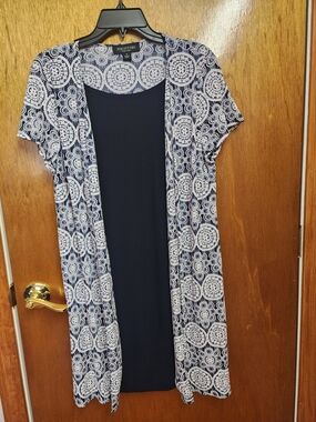 Perceptions Navy & White Printed Open Cardigan Duster
